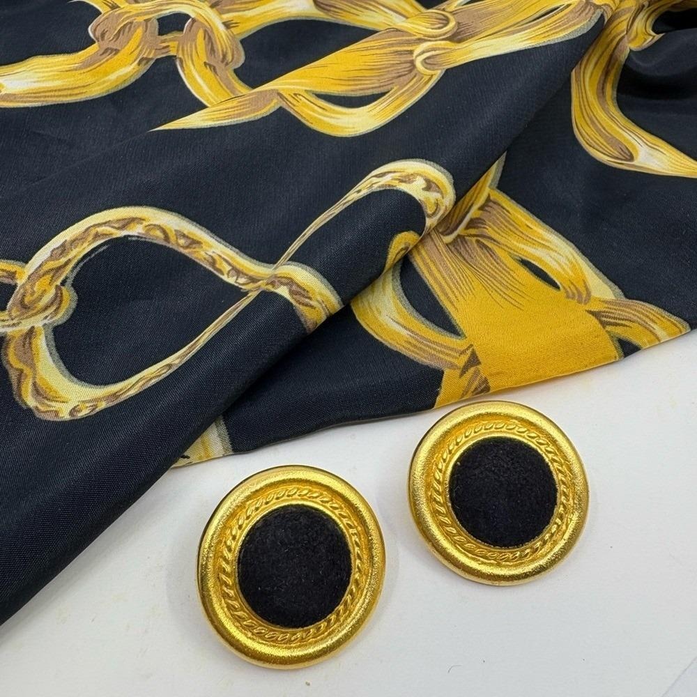 Vintage 90's black velvet and gold round earrings - pierced